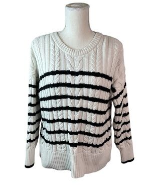 Philosophy White Cable Knit Crewneck Sweater with Black Stripes M